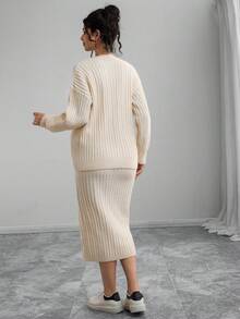 Momance Maternity Solid Color Drop Shoulder Long Sleeve Single-Breasted Knit Cardigan And Adjustable Waist Knit Midi Skirt Casual Suit, Autumn