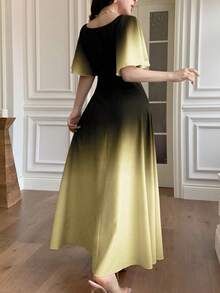 Modelyn 女式黑色和粉色渐变色蝙蝠印花褶饰短袖甜美法式夏装 - 黃色 - 查看 2