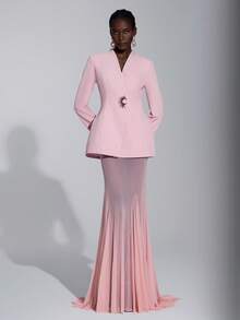 Elitara 优雅、浪漫、性感、简约、浅粉色、西装外套廓形、鱼尾下摆、拖尾、时尚、网红、节日、度假、生日派对、婚礼活动、正式晚礼服 - 藕粉色 - 查看 1