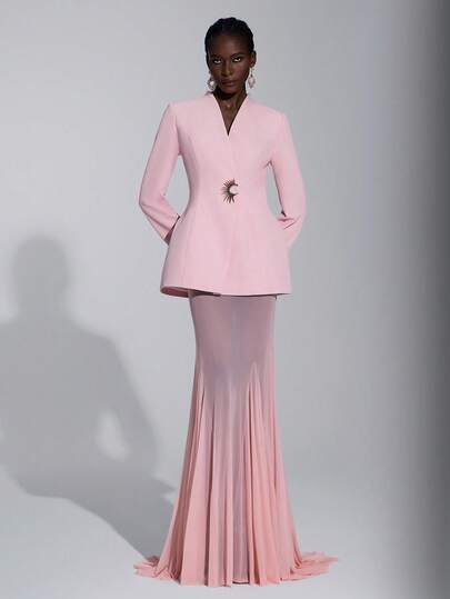 Elitara Elegante, romántico, sexy, minimalista, rosa claro, silueta de blazer, bajo de cola de pez, con cola, de moda, influyente, vacaciones, fiesta de cumpleaños, evento de boda, vestido de gala formal