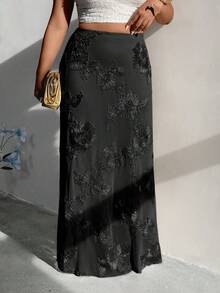 Firerie 大码女式花卉提花松紧腰鱼尾下摆优雅半身裙 - 黑色 - 查看 6