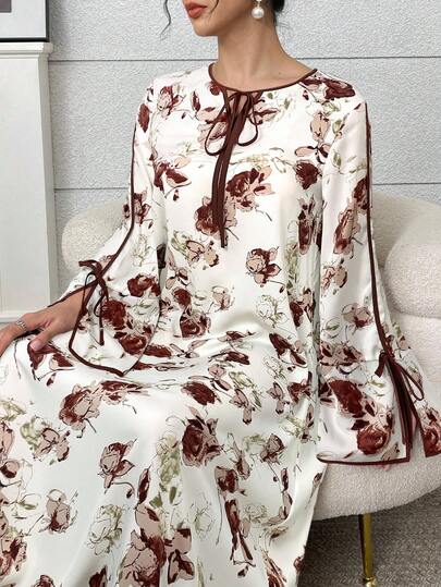 Yasmyna 女式花卉印花系带长袖宽松阿拉伯风格连衣裙