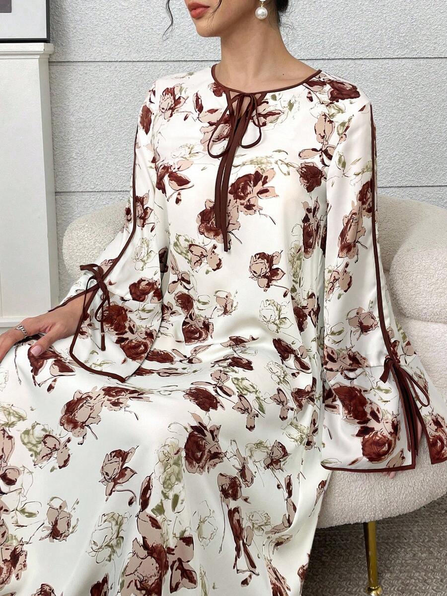 Yasmyna 女式花卉印花系带长袖宽松阿拉伯风格连衣裙 - 咖啡棕 - 查看 1