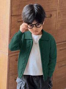 SHEIN Young Boys' Casual Twist Floral Front Zip Knit Cardigan Fall Winter - Dark Green - View 5