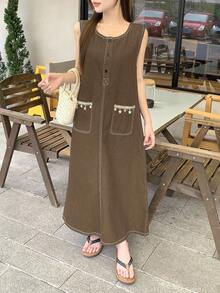 DAZY 女士休闲宽松无袖牛仔连衣裙，适合春夏穿着的百搭连衣裙 - 咖啡 - 查看 2