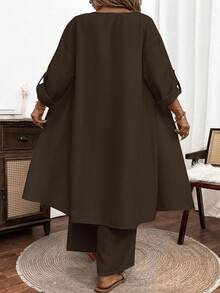 EMERY ROSE Plus-Size Ladies' Woven Leisure Vacation Summer Two Pieces Set - Brown - View 2