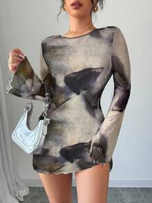 Firerie Women's & Elegant Light Grey,Autumn,Seductive,Night Out Club Mesh Tie-Dye Watercolor Print Backless Tie Flare Sleeve Mini Dress For Fall Party - Multicolor - View 6