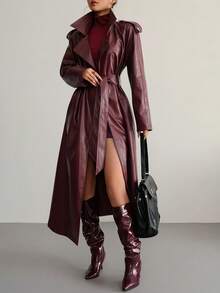 Aidyla Women's Leather Long Sleeve Cinched Waist Waist Burgundy Trench Coat - Burgundy - View 4
