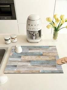 SHEIN 1pc Blue Wood Grain Print Drying Mat, New Absorbent Kitchen Counter Drying Mat, Kitchen Utensil Drying Mat - Dish Drying Mat, Soft Silica Gel Non-Slip Quick-Dry Mat For Kitchen Counter, Suitable For Coffee Maker, Espresso Machine, Etc. - Multicolor - View 1