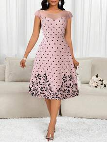 SHEIN Lady 春夏网纱拼接飞袖波点花朵印花度假连衣裙 - 淺粉色 - 查看 6