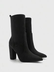 CUCCOO BIZCHIC Botas de tacón grueso de media pantorrilla con punta puntiaguda negro para mujer, adecuadas para ir al trabajo, citas, fiestas y vacaciones - Negro - Ver 6