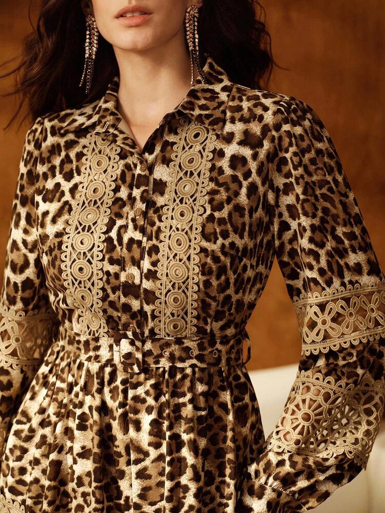 Elegant Lace Hollow Out Leopard Print Cinched Waist Waist Dress With Collar, Vintage Chic Style, Suitable For Autumn, Winter, Going Out, Formal Occasions, New Year, Christmas, Party
