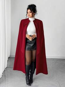 Elenzga Plus Size Women Elegant Woven Sleeveless Cloak With Large Red Bowknot Shoulder Strap, Mid-Length Woolen