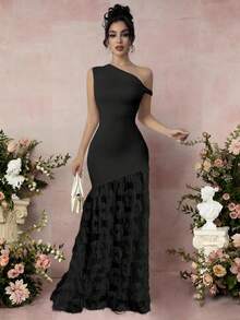 Rafferiza Váy đuôi cá jacquard ôm sát vai cổ xoắn thanh lịch dành cho nữ - màu đen - Xem 5