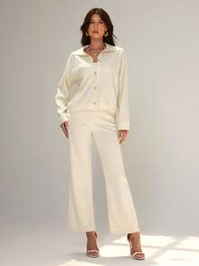 Chiquease Women's Elegant Long Sleeve Top And Pants Knit 2 Pieces Set - Apricot - View 6