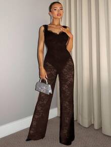 SHEIN BAE Summer Vacation Elegant Black Lace See-Through Sexy Jumpsuit, Suitable For Daily Dating, Night Out, Nightclubs, Parties, Get-Togethers, Cocktail Parties, Holiday Jumpsuits - Coffee Brown - View 4