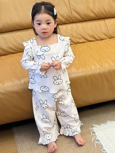 DAZY 2pcs/Set Toddler Girls' Cartoon Print Comfortable Casual Pajamas Set