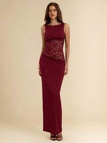 SHEIN BAE Váy ôm sát ren chắp vá không đối xứng màu đen, váy đi nghỉ gợi cảm - Màu Đỏ Sâu - Xem 5