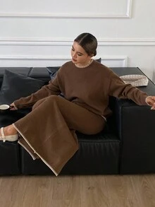 DAZY 2件套女士秋季蕾丝刺绣宽松毛衣和裙子套装 - 棕色 - 查看 6