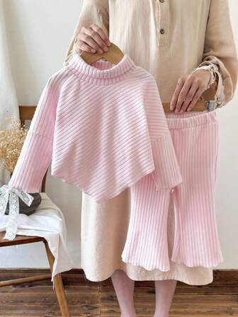 Souflis Souflis Baby Girl Infant Toddler Newborn 0-3 Years Casual Daily Versatile Fashion Outerwear High Collar Drop Shoulder Ribbed Knit Long Sleeve Top + Flared Pants Set, Infant Autumn/Winter Clothing, Khaki Fall