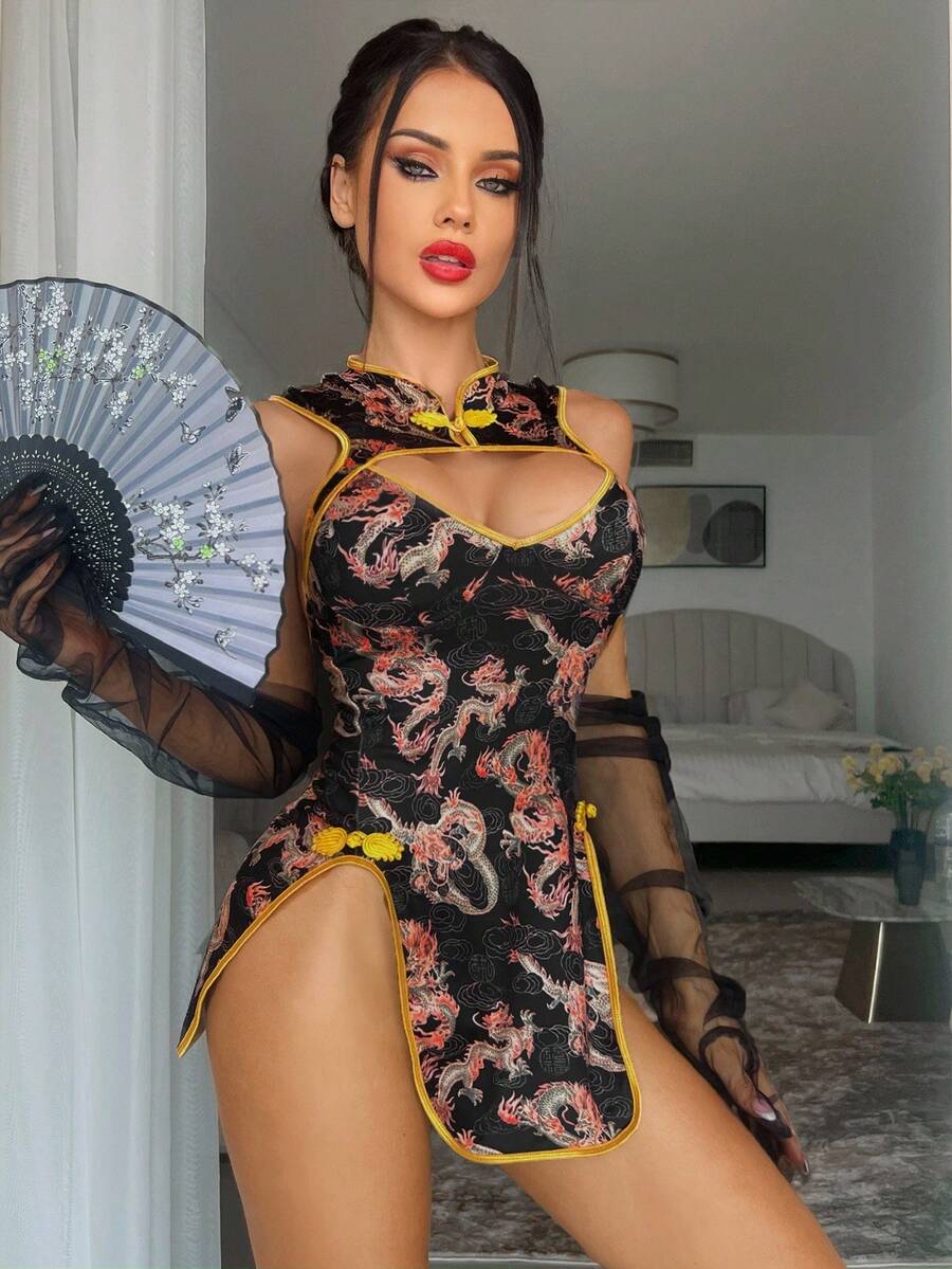 SHEIN 性感系列印花镂空开衩女士内衣服装 - 黑色 - 查看 1