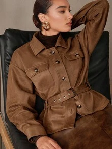 Modelyn 女士时尚实用风格系带绒面革夹克，休闲秋冬棕色系带夹克女士棕色衬衫夹克绒面革夹克女士秋冬 - 棕色 - 查看 1