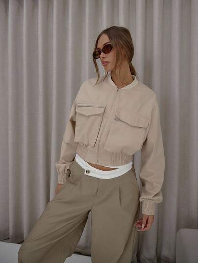 MUSERA Oversized Elasticated Cinched Waist Pocket Detail Bomber Jacket Classy Cute Sexy Streetwear Night Out Winter Party