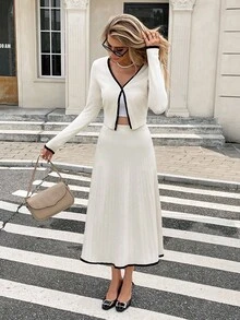 SHEIN Frenchy 女士秋季单排扣长袖针织开衫和针织 A 字裙两件套，休闲 - 杏色 - 查看 7