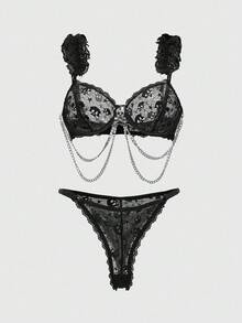ROMWE Gothic Skeleton Lace Trim Underwire Bra & Metal Chain Trim Thong Lingerie Set, Sexy Halloween
