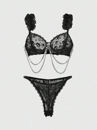 Goth Conjunto de lencería gótica con sujetador con aros y tanga con adorno de cadena metálica, sexy para Halloween