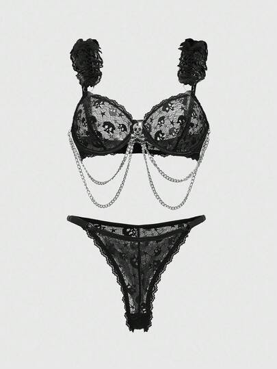 Gothic Skeleton Lace Trim Underwire Bra & Metal Chain Trim Thong Lingerie Set, Sexy Halloween
