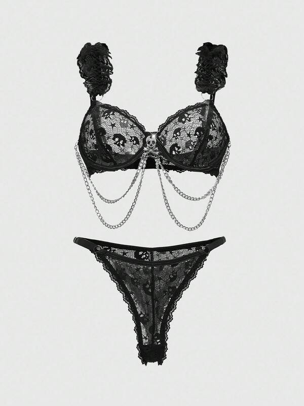ROMWE Gothic Skeleton Lace Trim Underwire Bra & Metal Chain Trim Thong Lingerie Set, Sexy Halloween