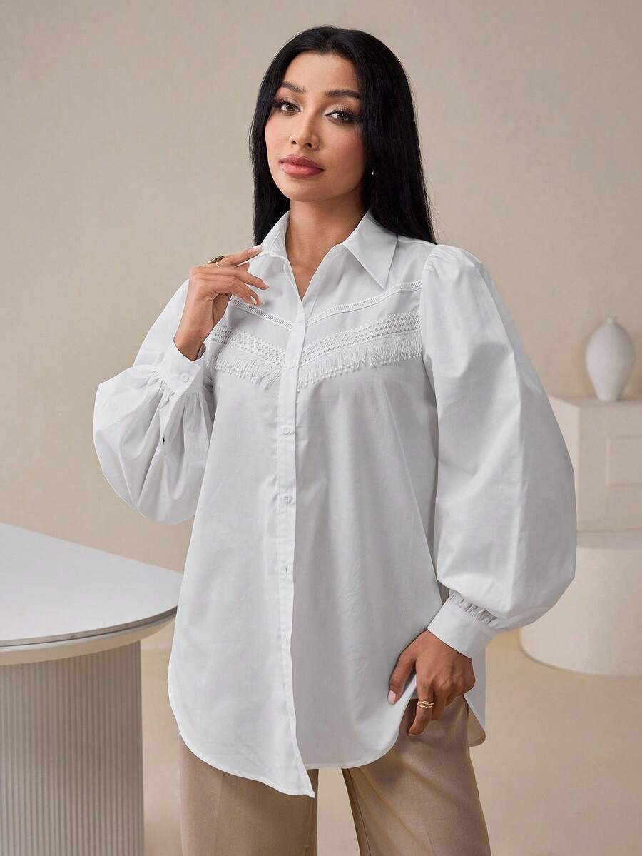 Veilorie Women's Solid Color Patchwork Fringe Lantern Sleeve Single-Breasted Casual Loose Shirt - White - View 1