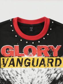 ROMWE MEN Street Life 男士撞色袖子拼布印花宽松短款T恤，秋季 - 黑色 - 查看 2