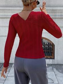 Chiquease Elegant French Style V-Neck Long Sleeve Fitted Red T-Shirt For Women, New Autumn Collection - Red - View 2