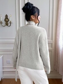 Vionelle Plus Size Women Knitted Autumn/Winter Fashion Ribbon Halter Atmosphere V-Neck Sweater, Soft & Cozy Casual Versatile Top Fall - Khaki - View 2
