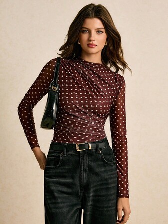 Poéselle Damtröja med hög krage och prickig långärmad, åtsittande och rynkad design