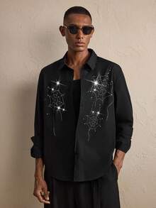 AKNOTIC Men's Halloween Spider Web Rhinestone Decor Black Long Sleeve Casual Shirt, Loose Fit, Boyfriend Gift, Fall