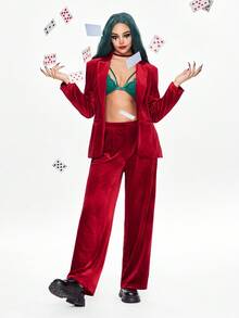 ROMWE Conjunto de traje de mujer de terciopelo burdeos (top de manga larga y pantalones sueltos, conjunto de 2 piezas) - Rojo - Ver 5