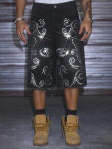 AXEPEAK Quần short Bermuda đính đá pha lê rộng rãi thoải mái dành cho nam - màu đen - Xem 4