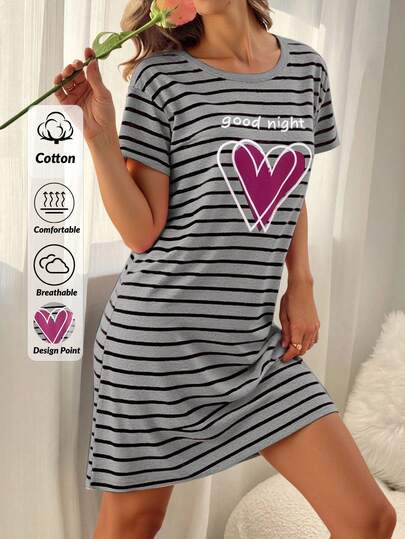 EURM Katoenen Women Round Neck Colour Gestreepte Heart Printed Short Sleeved Pajama Dress
