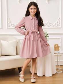 小女孩荷葉袖紐扣腰帶襯衫