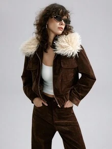 Airlisse Set de 2 piezas: Chaqueta corta con cuello de piel desmontable de estilo retro americano y pantalones rectos, color marrón, para invierno