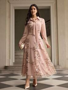 ZEYLAH Elegant Women's Long Sleeve Casual Shirt With Romantic Ribbon Collar And Sequin Decor - Apricot - View 6