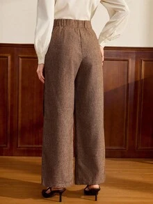 Vintamour Vintage Classic Elegant Women's Pants, Fitted Contrast Trim Pants, Button Closure Trousers, Brown Pants, Autumn/Winter Autumn Clothes Winter Clothes For Women  Brown Pants Business Casual Woman New Year Women's Clothes Brown Pants - Brown - View 2