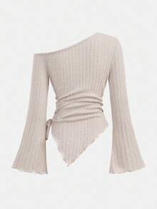 SHEIN Girlism Teen Girls Apricot Drawstring Asymmetric Hem Flared Sleeve T-Shirt And A Two Pieces Flared Pants Suit,Off Shoulder T-Shirt,Fall Girl Clothes,Comfortable T-Shirt Suit Winter - Apricot - View 5