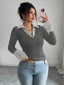 Elenzga Women's Plus Size Elegant Contrast Collar & Cuff Design Fitted High Stretch Ribbed Fabric Casual Long Sleeve Top - Multicolor - View 3