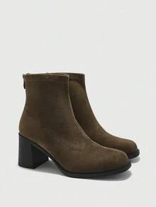 CUCCOO BIZCHIC 女士时尚弹力踝靴，方头粗跟设计，仿麂皮女式弹力踝靴，后拉链简约设计，百搭，可搭配裙子、牛仔裤、外套，适合秋冬装、时装秀、通勤，时尚女士踝靴 - 橄欖綠 - 查看 6