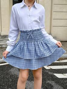 青少年女孩休闲英伦风格蓝色格子 A 字褶双层喇叭裙，适合日常休闲穿着 - 藍色 - 查看 1