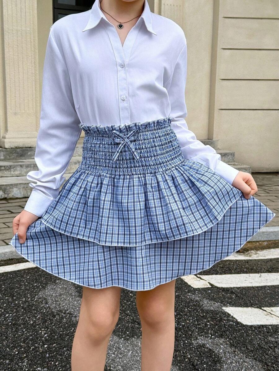 青少年女孩休闲英伦风格蓝色格子 A 字褶双层喇叭裙，适合日常休闲穿着 - 藍色 - 查看 1